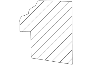 Diagonal striped shape with scalloped edge.